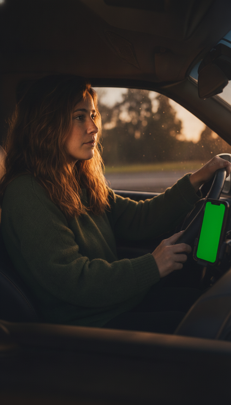 She drives home, phone mounted on the dash, mid check-in.